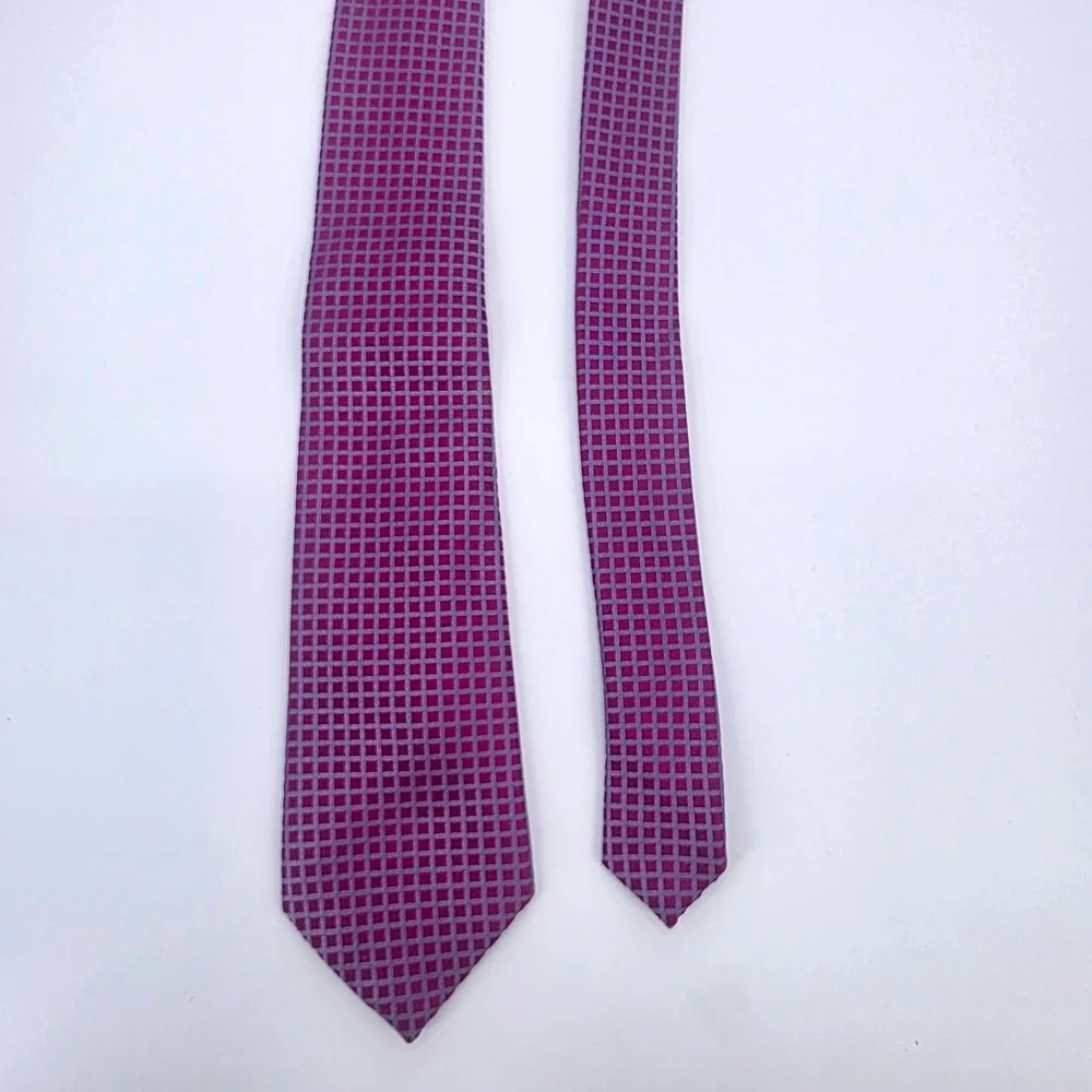 BCBG Attitude Mens Silk Necktie Magenta Purple Geometric Grid Woven Handmade Tie